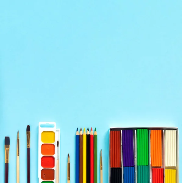 Blank Canvas Brushes Paints Palette Plasticine Pencils Other School Supplies — Stock Photo, Image