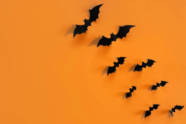 Halloween Card Black Bats Orange Background Banner Congratulations Invitation — Stock Photo, Image