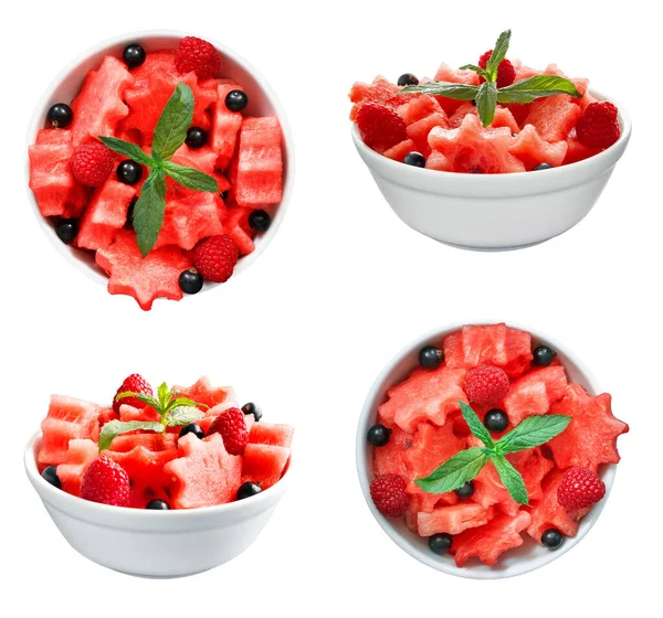 Set Salad Fresh Juicy Pieces Watermelon Raspberry Currant Green Mint — Stock Photo, Image