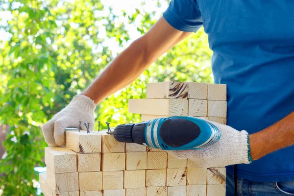 Master Cabinetmaker Makes Wooden Furniture Drill Nails Hammer Handmade Home — Stock Photo, Image