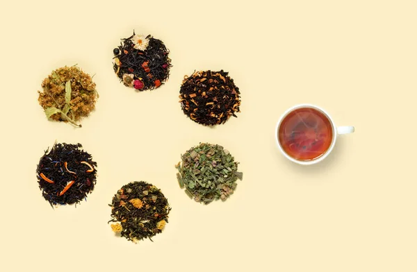 Duży Asortyment Herbat Ziołowych Kwiatowych Jagodowych Filiżanek Gorącej Herbaty Zapachowej — Zdjęcie stockowe