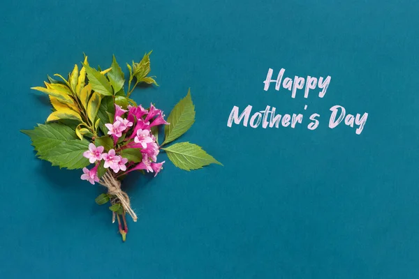 Beautiful Bouquet Flowers Delicate Weigela Pink Background Inscription Happy Mother — 图库照片