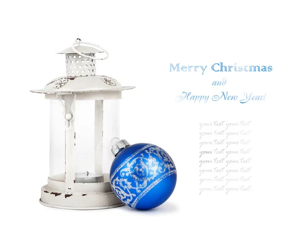 Blue and silver Christmas balls and vintage lantern isolated on — Stock Photo, Image
