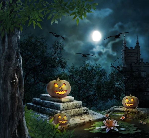 Halloween pumpkins in yard of old house night in bright moonligh — Stock Photo, Image