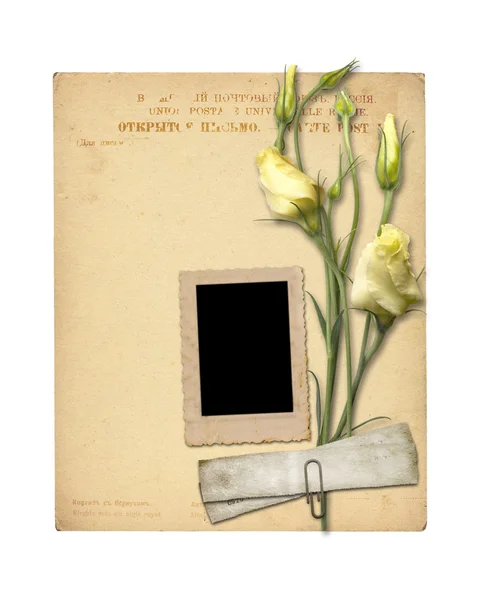 Zbiór starych dokumentów archiwalnych i archiwalne pocztówki z bukietem — Zdjęcie stockowe