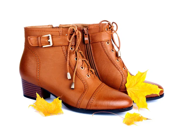 Pair of brown female boots on a background of golden autumn leav — Stock Photo, Image