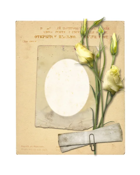 Ensemble de vieux papiers d'archives et carte postale vintage avec bouquet de — Photo