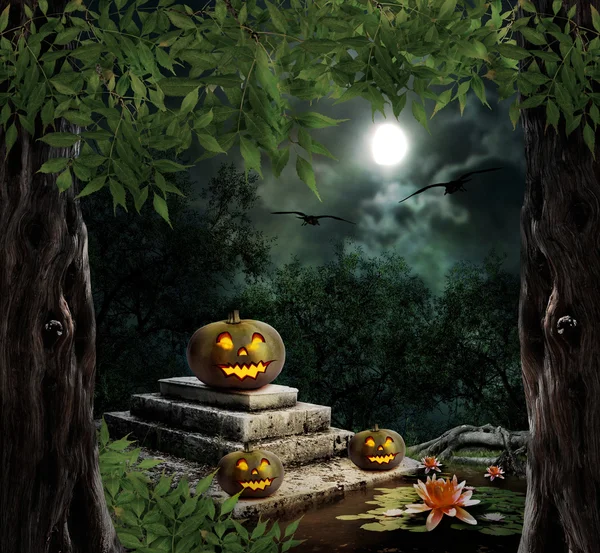 Pompoen halloween op oude stenen graf in de nachtelijke hemel — Stockfoto