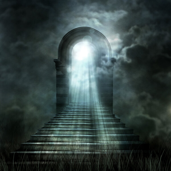 Staircase leading to heaven or hell. Light at the End of the Tun