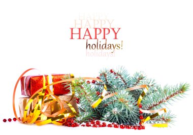 Ben arka plan beyaz üzerine kırmızı bir kutu hediye ile Noel ağacı dalı