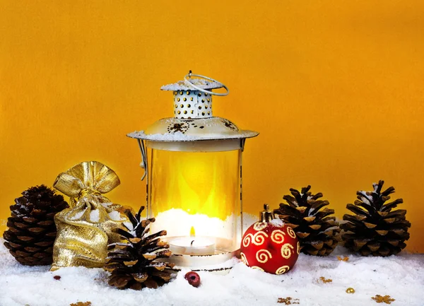 Christmas bag with gifts, Christmas decorations and old lantern — Stock Photo, Image