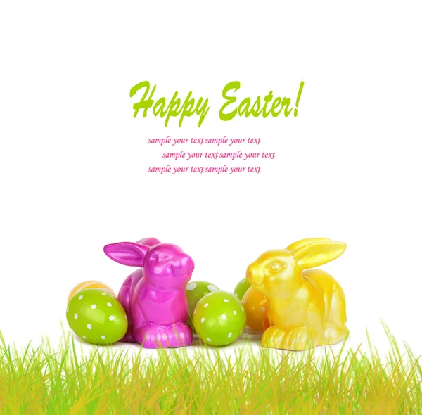 Easter eggs and funny bunny isolated on white background — Stock Photo, Image