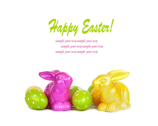 Easter eggs and funny bunny isolated on white background — Stock Photo, Image