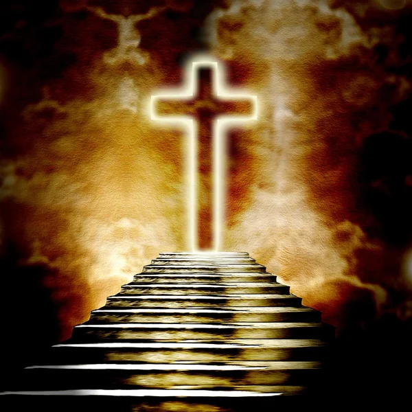 Glowing holy cross  and staircase leading to heaven or hell — Stock Photo, Image