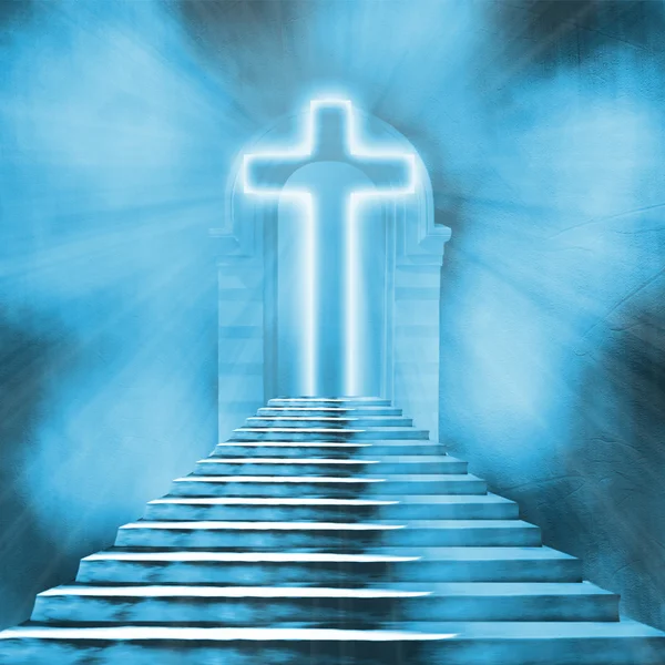Gloeiende Heilige Kruis en trap naar de hemel of hel — Stockfoto