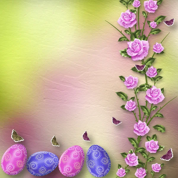 Fondo pastel con huevos multicolores y rosas para celebrar —  Fotos de Stock