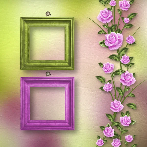 Drawing beautiful bouquets of roses with wooden frame on pastel — Stock Photo, Image