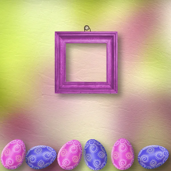 Drawing eggs  with wooden frame on pastel background — Stock Photo, Image