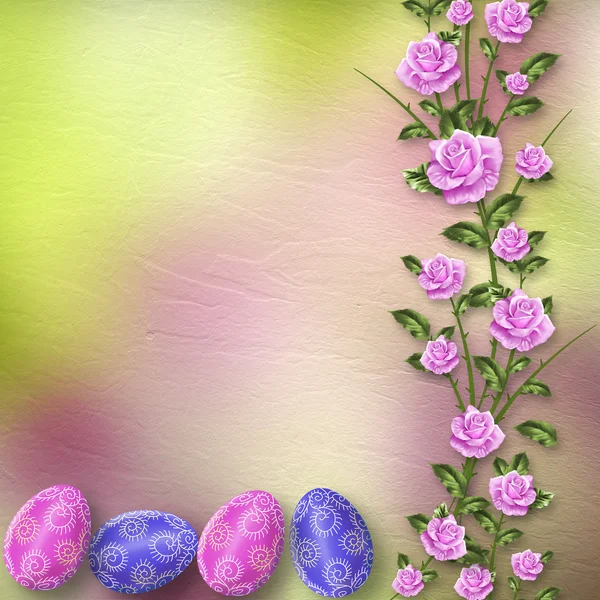 Çok renkli yumurta ve kutlamak için gül pastel arka plan Stok Resim