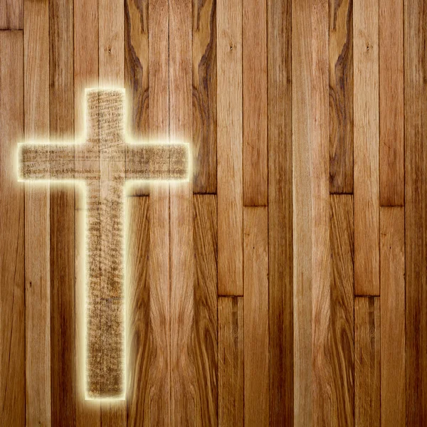 Glowing holy cross on abstract wooden background — Stock Photo, Image