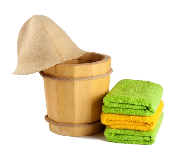 Wooden bucket with ladle for the sauna — Stock Photo, Image