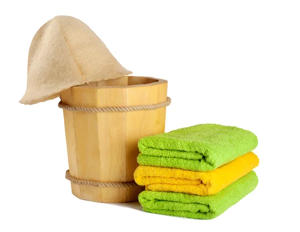 Wooden bucket with ladle for the sauna — Stock Photo, Image