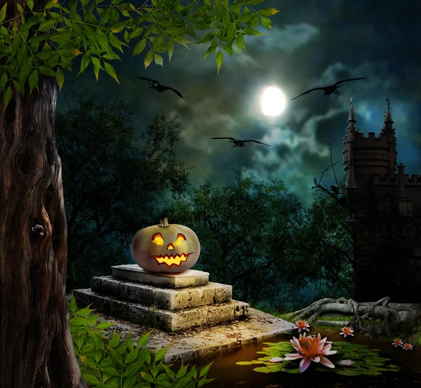 Halloween pumpkins in yard of old house night in bright moonligh — Stock Photo, Image