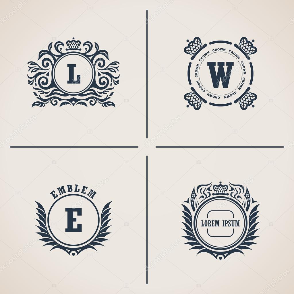 Calligraphic flourishes luxury monogram set. Line frame template logo for emblem. Patterns for design calligraphic menu, restaurant cafe, invitations, cards. Vintage vector line symbols L, W, E