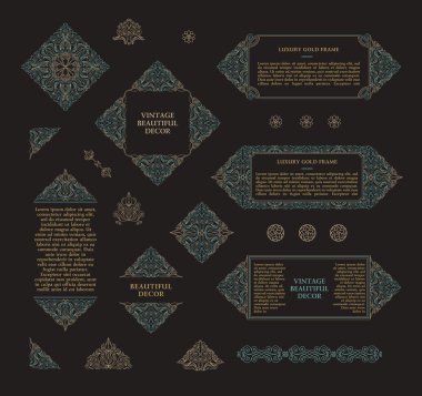 Arapça vektör Çerçeve çizgileri sanat tasarım şablonları kümesi. Müslüman altın anahat öğelerini ve Amblemler
