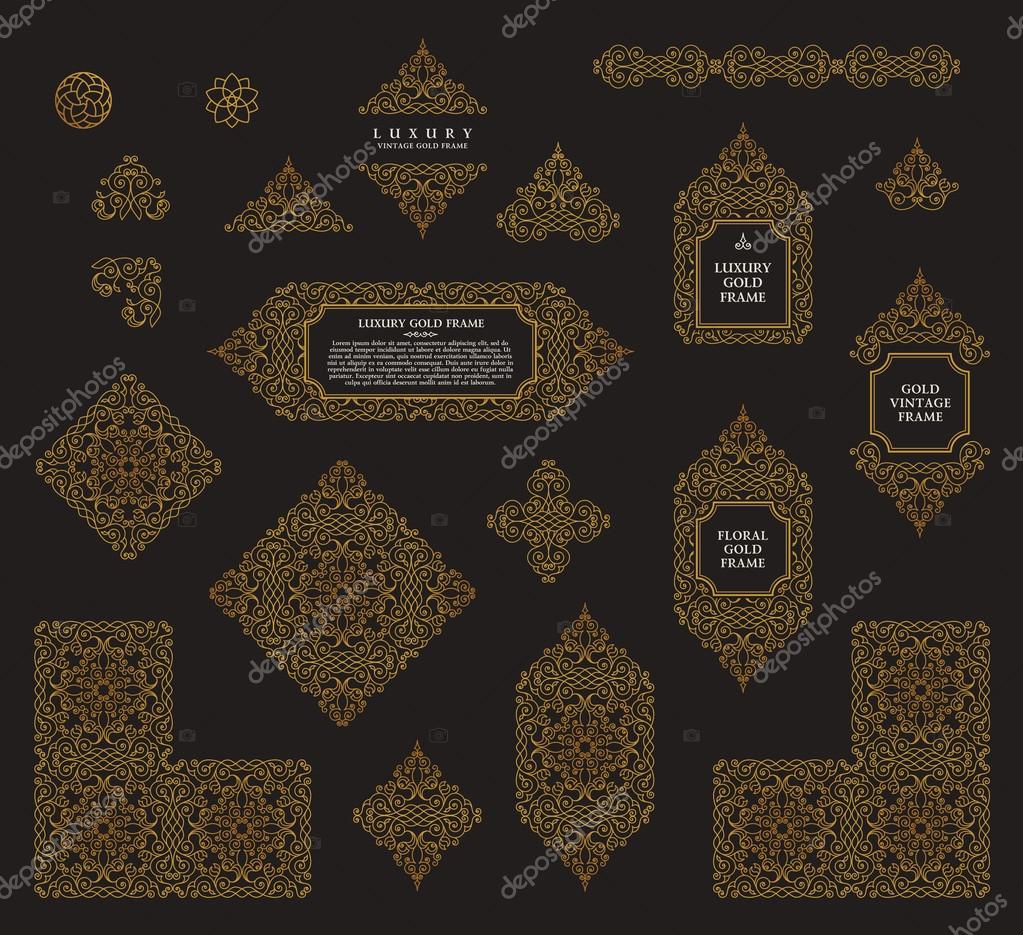 Arabic vector set of frames and lines of art design template. Muslim gold outline elements and emblems. Eastern floral frame. Logos line pattern for menu, postcard, restaurant, wedding invitation