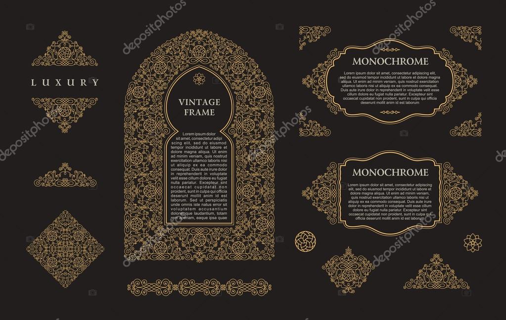 Arabic vector set of frames and lines of art design template. Muslim gold outline elements and emblems. Eastern floral frame. Logos line pattern for menu, postcard, restaurant, wedding invitation