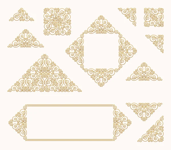 Conjunto vectorial árabe de marcos líneas de diseño de arte plantillas. Oro musulmán, elementos de contorno blanco y emblemas — Vector de stock