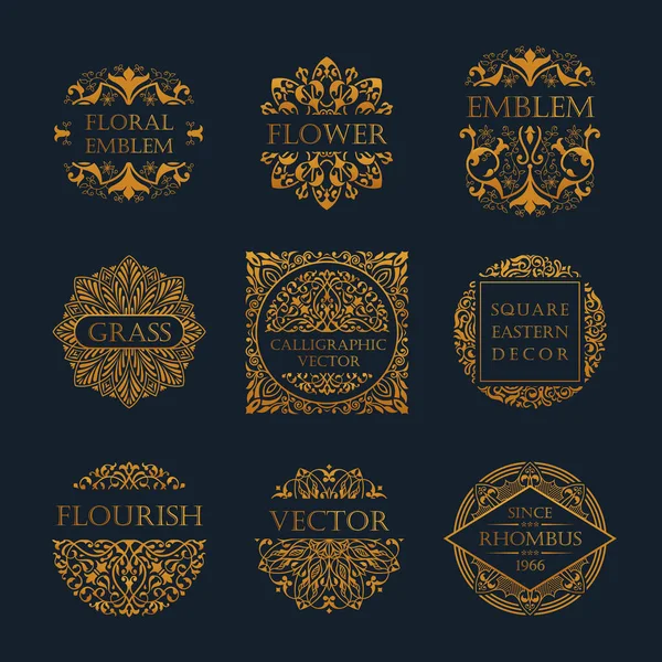 Logotipo de línea de lujo caligráfico. Florece elegante emblema monograma. Diseño divisor vintage real — Vector de stock