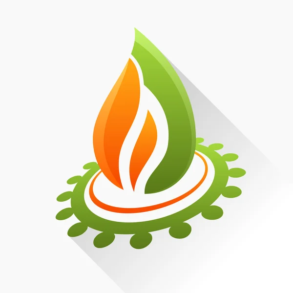 Vector símbolo fuego con engranaje. Icono de cristal de llama naranja y verde — Vector de stock