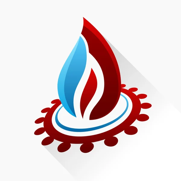 Vector símbolo fuego con engranaje. Icono de cristal de llama rojo y azul con — Archivo Imágenes Vectoriales