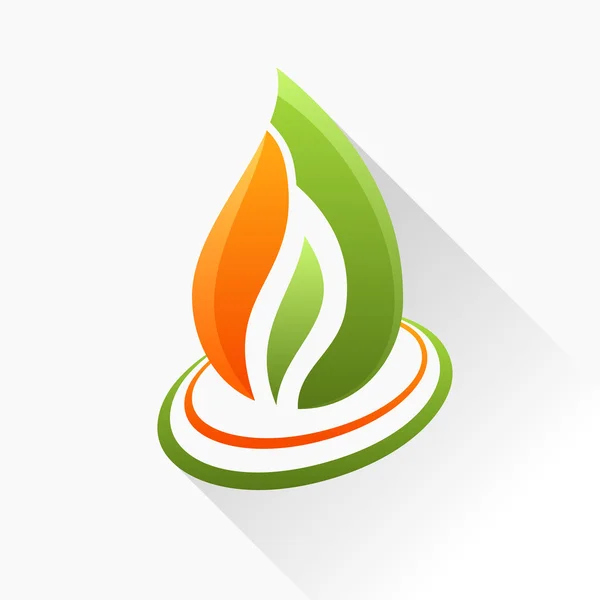 Fogo de símbolo vetorial. ícone de vidro de chama laranja e verde com longo — Vetor de Stock