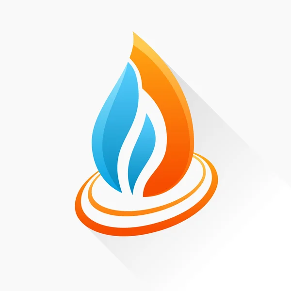 Fuego de símbolo vectorial. Icono de cristal de llama naranja y azul con s largo — Vector de stock