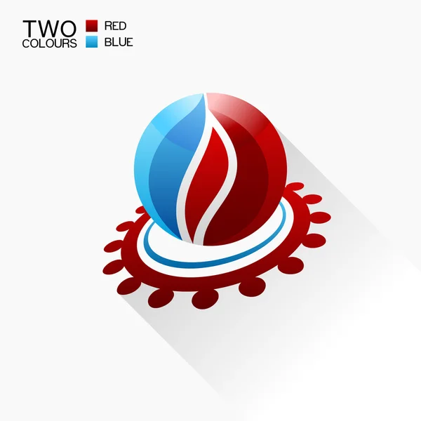 Fuego de símbolo vectorial. Icono de vidrio redondo rojo y azul con sombra — Vector de stock