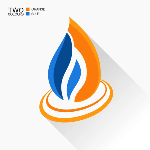 Fuego de símbolo vectorial. Icono de cristal de llama azul oscuro y naranja con l — Vector de stock
