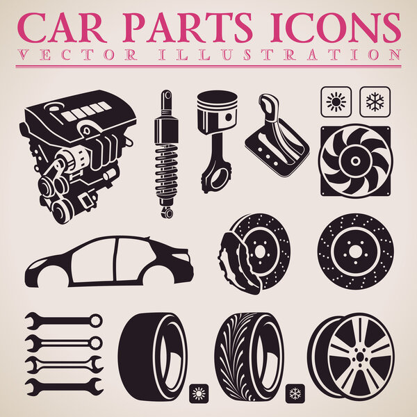 Car parts vector set. Service icons. Engine, wheel, transmission