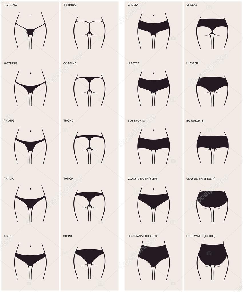 10 types of women's panties. Vector set of underwear. Silhouette