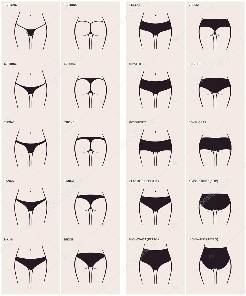 10 types of women's panties. Vector set of underwear. Silhouette ass in front and behind. string, thong, tanga, bikini, cheeky, hipster, boyshorts, classic brief, slip, high waist, retro