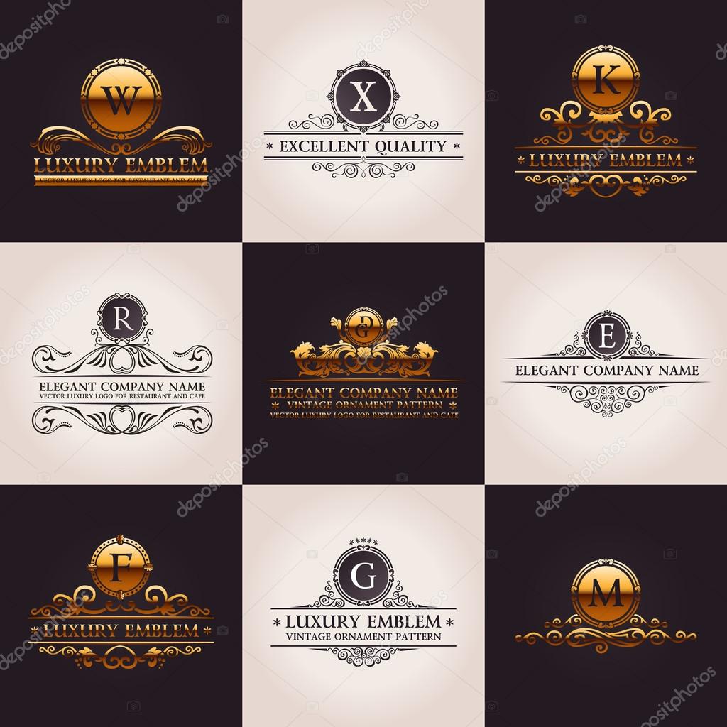 Luxury logo set. Calligraphic pattern elegant decor elements. Vintage vector gold ornament