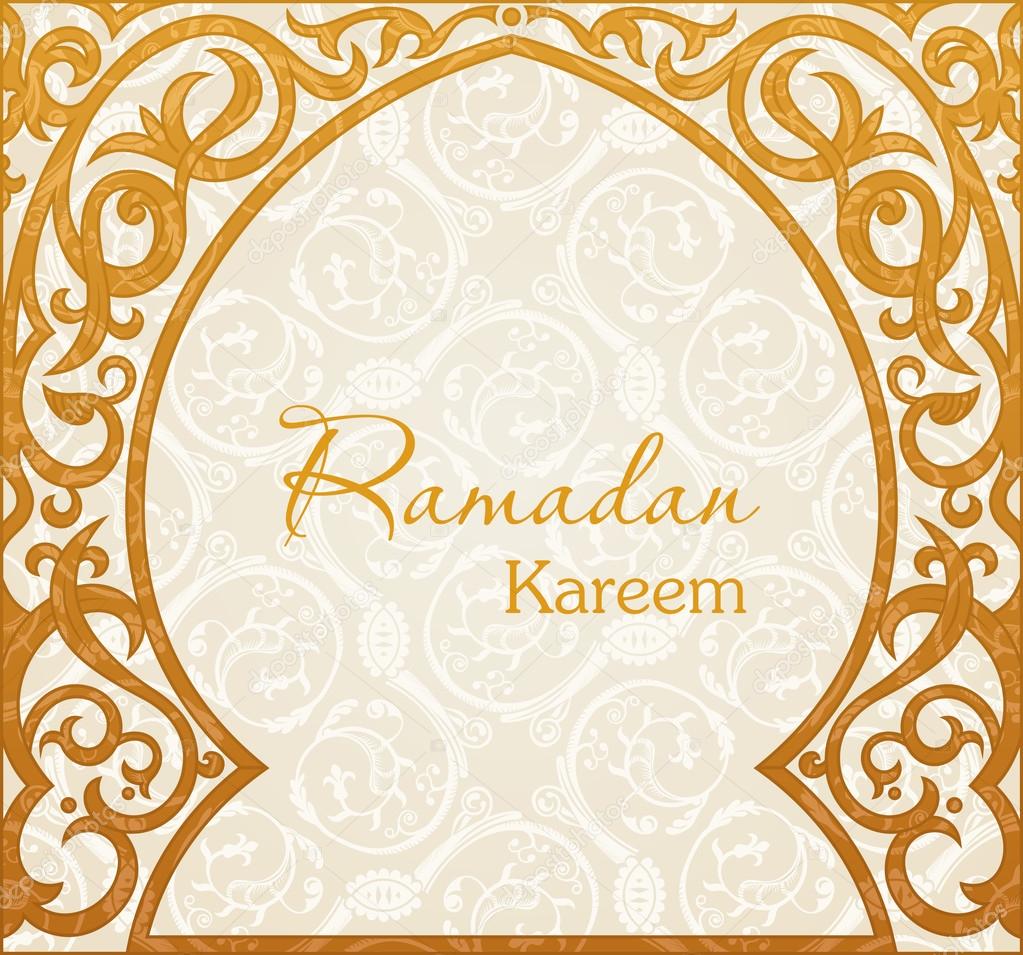 Ramadan Kareem, greeting vector background. Arch Muslim mosque