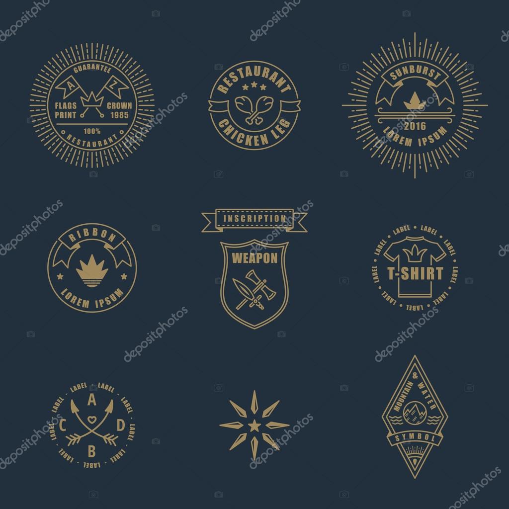 Set of linear thin line art deco retro vintage design elements. Stamps and vector logos for shops and restaurants