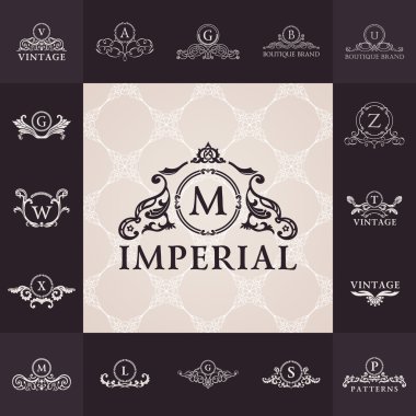 Lüks vintage logo ayarlayın. Kaligrafi amblem ve öğeleri