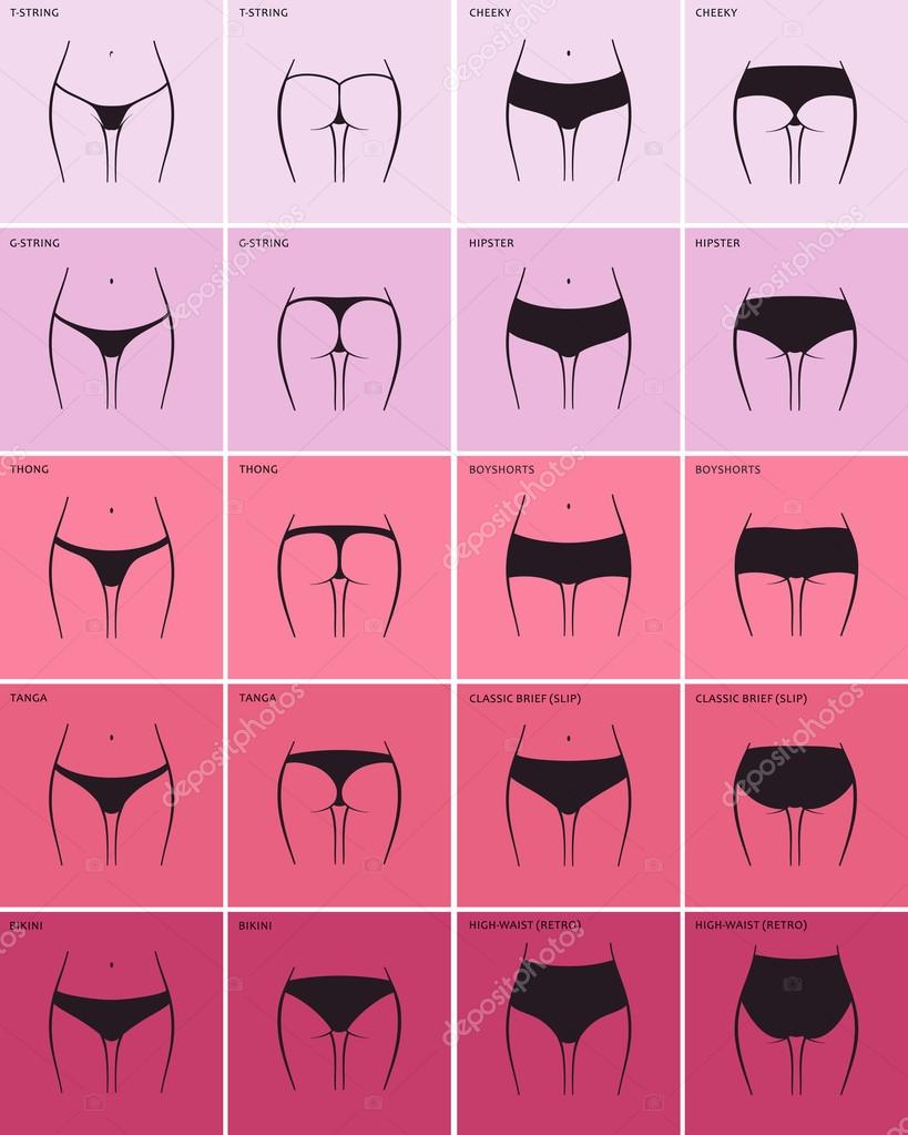 Womens panties. Vector set sketch clothing underwear items. Silhouette ass in front and behind. string, thong, tanga, bikini, cheeky, hipster, boyshorts, classic brief, slip, high waist, retro