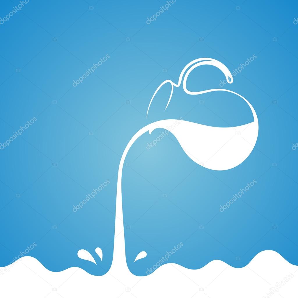 Milk flows from jug. Spray drops and white wave on blue background