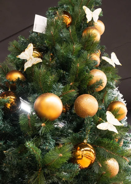 Decorated Christmas Pine Tree Gold Balls — Stock Photo, Image