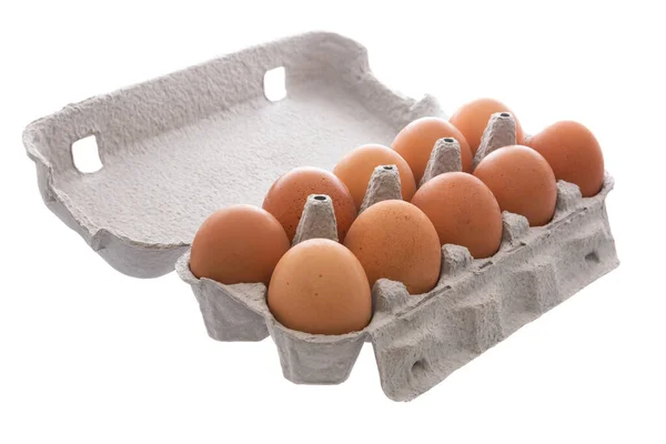 Huevos Marrones Caja Cartón Aislado Blanco —  Fotos de Stock